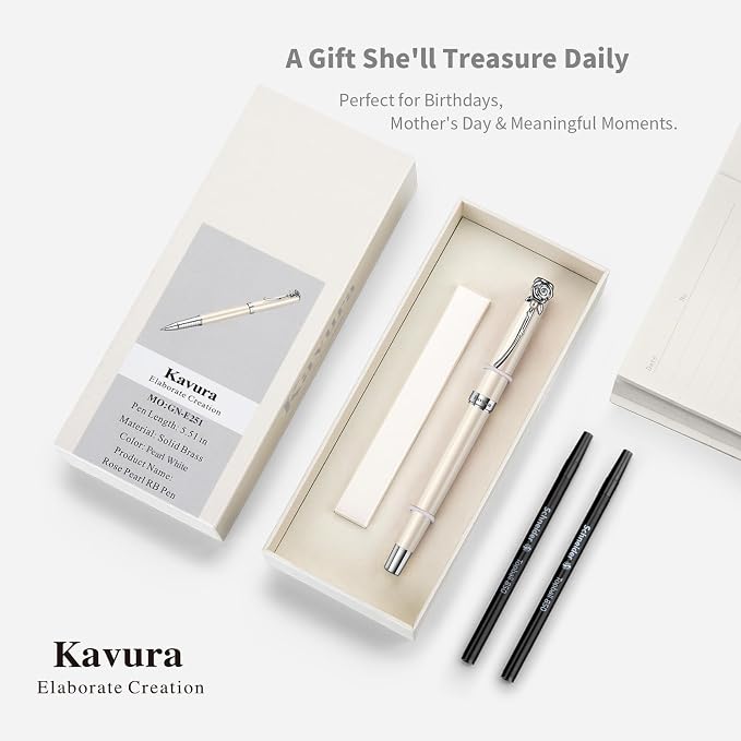 Rose & Pearl Rollerball Pen – Luxury Brass Pen Gift Set for Women, Jewelry-Inspired Design, Glossy Finish, with German Refill, Romantic Gift for Her, Anniversary & Valentine’s Day (Pearl White)