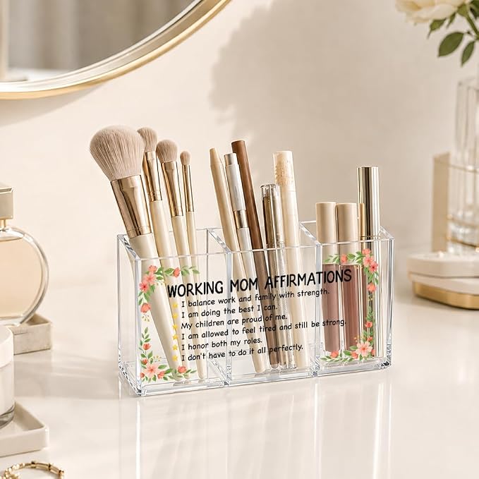 Working Mom Affirmations Acrylic Pen Makeup Brush Holder 3 Compartments, Working Mom Clear Desktop Organizer for Office School Home, Work Desk Accessories Gifts for Mother Coworkers Boss