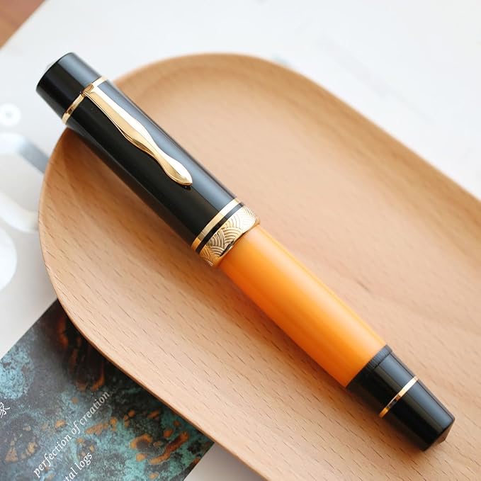 erofa Majohn P139 Piston Resin Fountain Pen Medium Nib with Box, Brass Piston System Large Capacity Writing Pen, Black Yellow