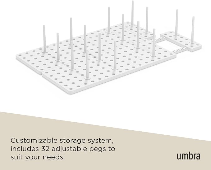 Peggy Kitchen Drawer Cupboard Organizer Tray - Adjustable Storage System For Food Containers, Cookware, Serveware, Utensils and More, White | Non-slip feet, fits cabinets or shelves, quick assembly, 32 pegs included, impact-resistant plastic
