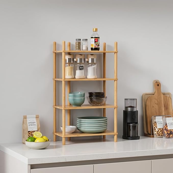 4-Tier Bamboo Rack | Tool-Free Expandable (2-6 Tiers) | Kitchen Spice Organizer & Office Breakroom Snack/Cup Storage (Nature, 15.6" W(4 Tier))