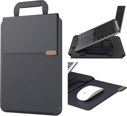 Nillkin Upgraded 12-14 Inch Laptop Sleeve Case for MacBook/Dell/HP/Lenovo/Asus, Unique Slim Travel Computer Bag with Adjustable Stand & Mouse Pad, Magnetic Handle, PU Leather, Black
