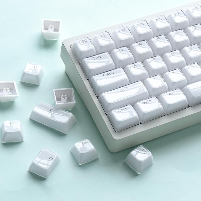 Tsungup Crystal Jelly White Keycaps, MDA Profile-Clear Translucent Jade Keycaps,130 Keys Shine Through Custom Key Caps Keyboard Keycap Set for 60%,65%,75%,100% Cherry MX Keyboard Mechanical