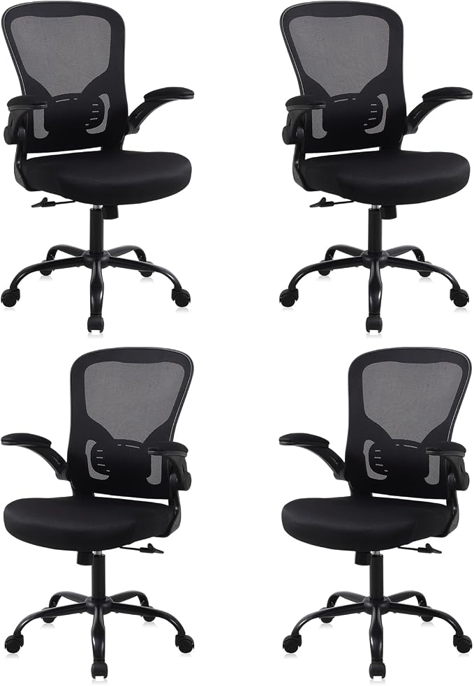 Flysky Mesh Office Chair, Ergonomic Computer Desk Chairs for Home Office - with Comfy/Comfortable Flip-up Arm Rests, Lumbar Support, Height Adjustable, 360 Degree Rolling Swivel (Black, 4 Pack)