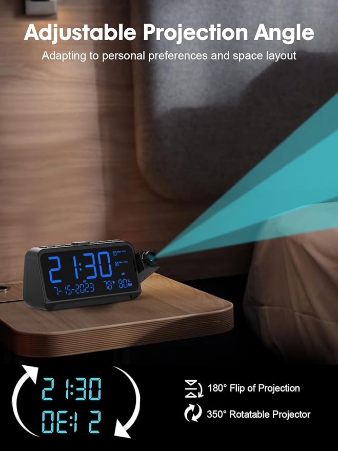 ROCAM Projection Alarm Clock with 180° Ceiling Projector & Digital Display | 5-Level Dimmer, Dual Alarms, Night Light, Temp & Humidity Display, Weekday/Weekend Mode, DST, Snooze Function for bedroom