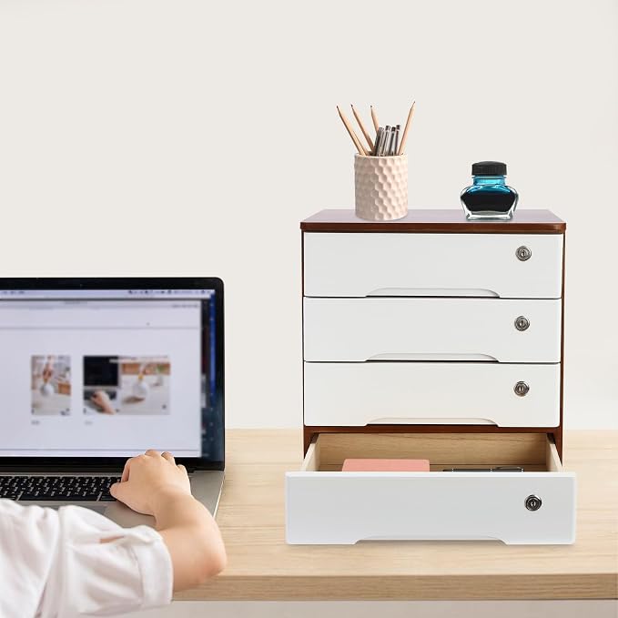 4-Tier Desktop Storage Box with Lockable Drawer, Wooden Desk Organizer for Office Supplies, Flat File Cabinet, Minimalist Design for Home & Office Use(Walnut+White)