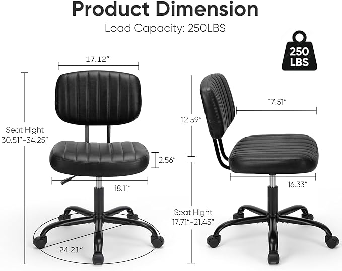 DUMOS Small Office Desk Chair, Armless Vanity Chair with Lumbar Support | PU Leather, 360° Rolling Task, Height Adjustable, Home Bedroom, Adult, Student, Black