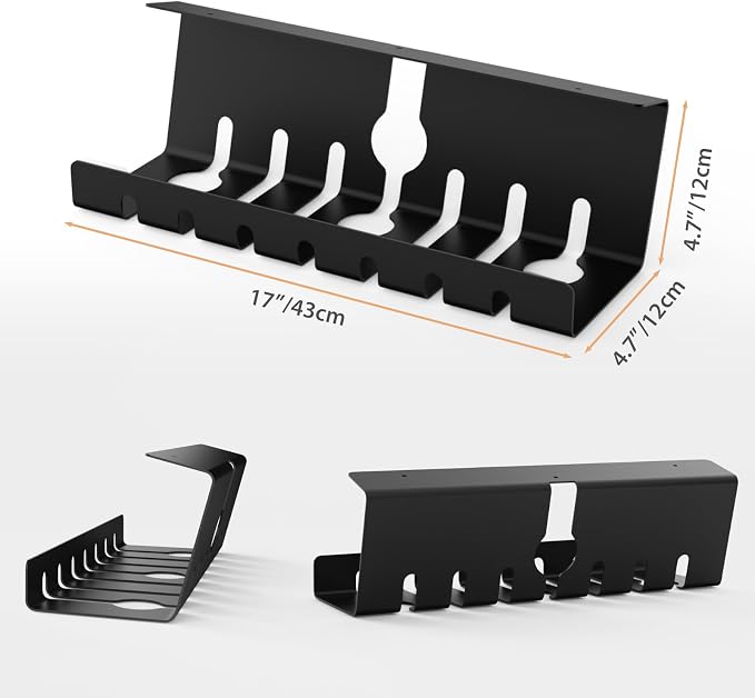 Syeeiex Under Desk Cable Management, Cord Management, Black, 17inch, 2 Set | No-Drill C-Clamp and Screw Mount, Metal Desk Wire Organizer for Office Home Workspace, Cord Organizer with 10 Cable Ties