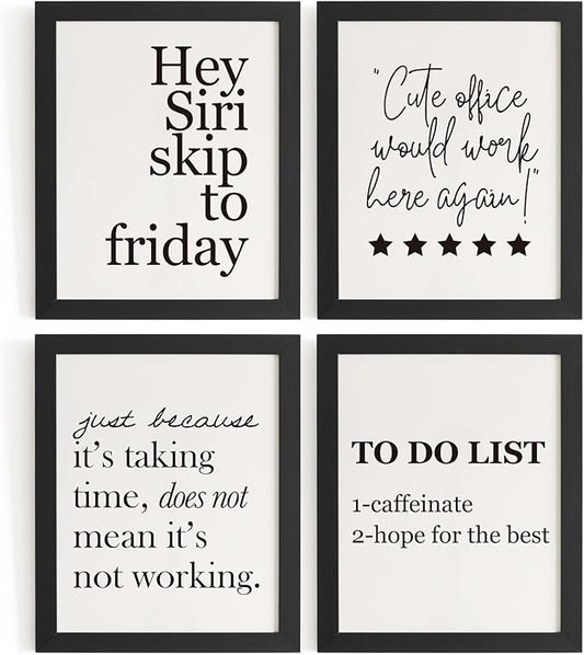 DSHFG Funny Motivational Office Wall Art Decor Prints Set of 4, Black Motivational Wall Decor Trendy Retro Posters for Office Home Decor, 8x10 Unframed