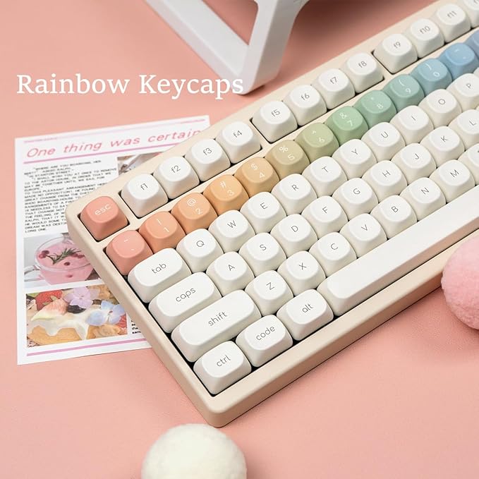 MOA Profile Keycaps, Rainbow PBT Keycap, Minimalist White Cute Round Keyboard Keycap, Dye-Sublimation Colorful Custom Key Cap for 61/64/68/84/87/100/104/108 Cherry MX Mechanical Keyboards(124 Keys)