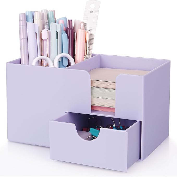 SKYDUE Small Desk Organizer with Drawer | 3 Compartments, Desk Pen Holder, For Home, School, Classroom & Office