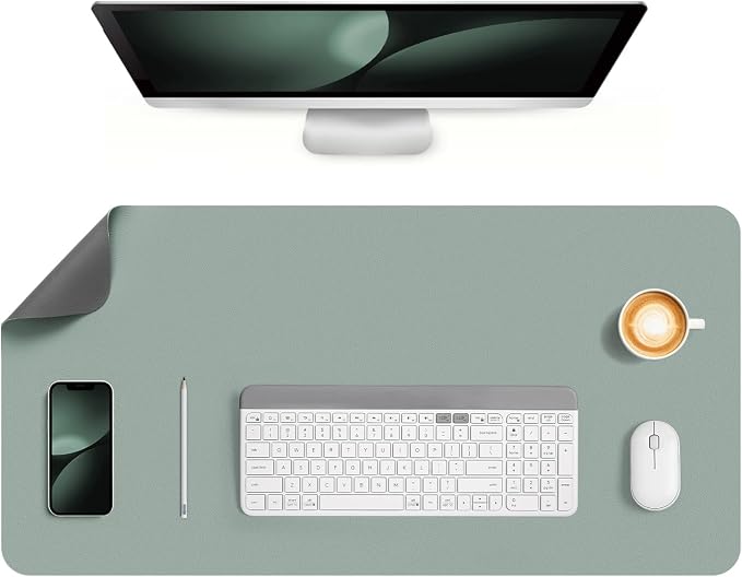 Dual Sided Desk Pad Faux Leather Desk Mat Large Mouse Pad | Desk Pad Protector Non-Slip Waterproof Desk Mouse Pad for Writing Desk, Office, Home(Sage Green Gray 31.5"X15.7")
