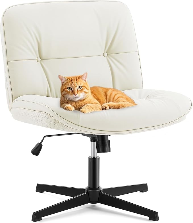 Sweetcrispy Criss Cross Armless Office Chair - PU Leather Adjustable 360° Swivel Wide Seat with Thick Padding, Ergonomic Rolling Computer Desk Task Chair for Modern Vanity & Makeup