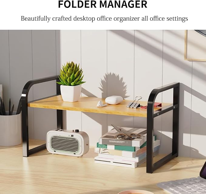 Office Desk Shelf Organizer, Wood Desktop Bookshelf Supplies Storage Rack, Shelf for Top Desk Dresser and Cubicle Decor Bookshelf Monitor Stand Riser (Black Black-single Tier, 15.75 Lx7.87 Wx8.46 H)