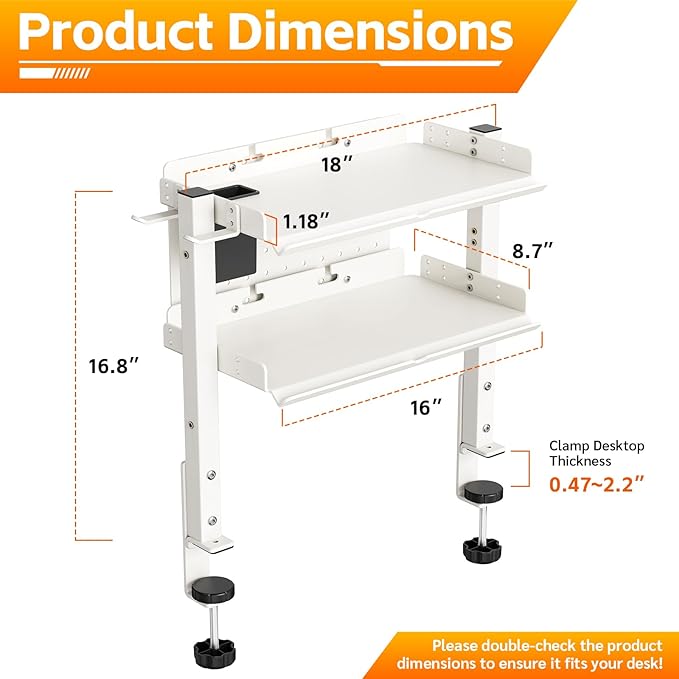 Metal Clamp On Desk Shelf,Storage Shelves with Pegboard and Pencil Holder | 2-Tier Adjustable 16 inch Above or Under Heavy Duty Desktop Organizer with Headphone Holder for Desk Accessories (White)