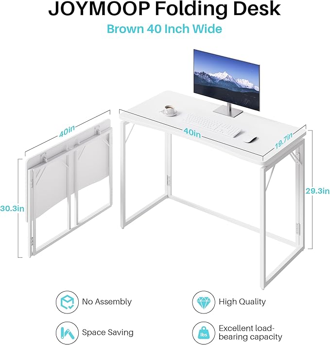 JOYMOOP White Folding Desk - 47.2", No Assembly Large Size Foldable Desk for Home, Office, Wooden Top Folding Computer Desk for Working, Writing, Studying