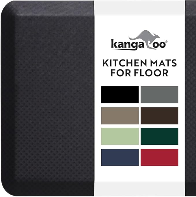KANGAROO Anti Fatigue Mats for Kitchen Floor, 58x20, Reduce Foot, Knee, Back Pressure, 3/4 Inch Thick Cushioned Ergonomic Mat, Waterproof Comfort Rug for Under Sink, Standing Desk, Store Floors, Black
