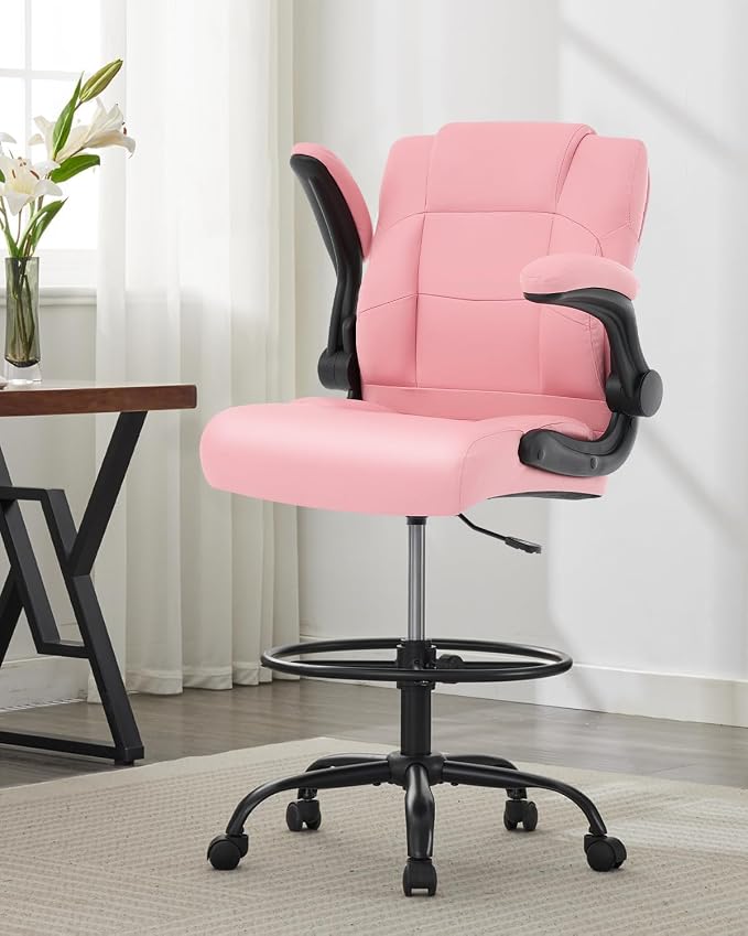 Ergonomic Drafting Chair,Tall Office Chair for Standing Desk with Flip-Up Armrests,Adjustable Foot Ring & Height, High Leather Executive Office Chair for Home,Drawing or Counter Height Use