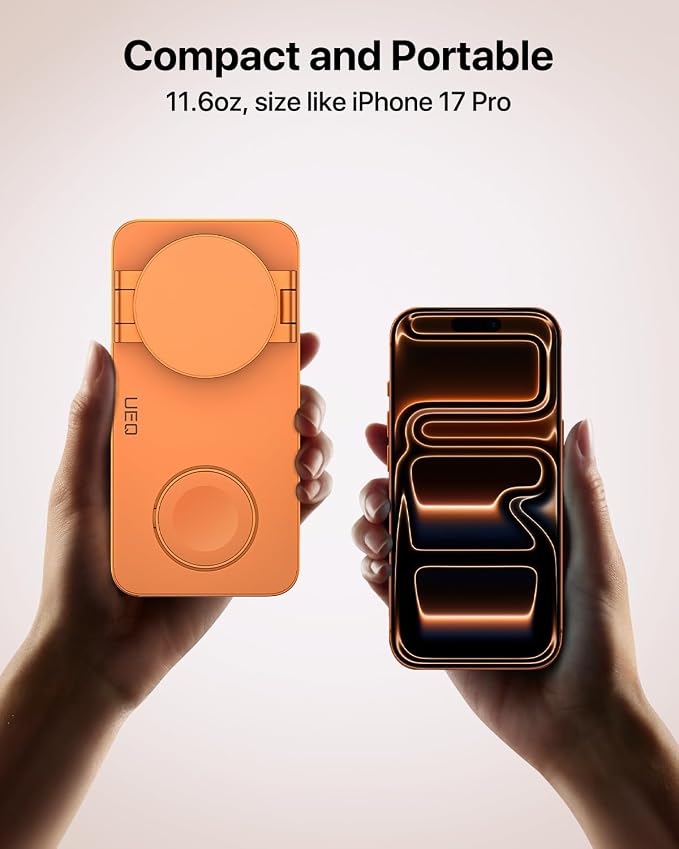 UEQ Foldable 3 in 1 Wireless Charging Station for Apple Mag Safe Charger Stand,Fast Magnetic Wireless Charger Station for iPhone 17 Air 16 15 14 13 12 Series,Airpods Pro,Apple Watch Ultra (Orange)
