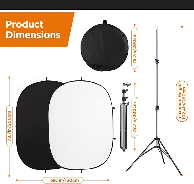 Portable Chromakey Black and White 2-in-1 Foldable Pop-Up Backdrop with Stand, 150 x 200 cm Foldable Panel for Photo, Video, Live Stream, etc. (Black & White)