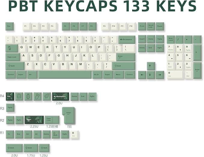 130 Keys Green PBT Keycaps, MDA Profile Dye Sub Custom Keycap, English ANSI Layout Beige Green Keycaps Botanical Key Caps for Cherry MX Mechanical Keyboard