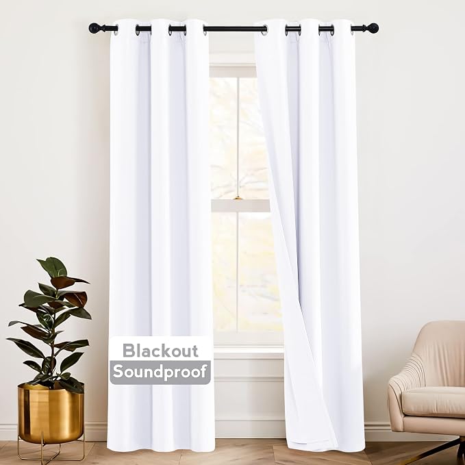 RYB HOME Thermal Curtains Soundproof - 3-in-1 Drapes Noise Barrier - 100% Blackout - Energy Efficient Window Curtains for Bedroom Nursery Home Theatre, 42 x 84 inch Long, Pure White, 2 Pcs