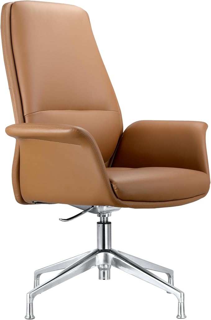 LeisureMod Mid-Century Modern Swivel Office Chair, Adjustable Height with Faux Leather Seat and Aluminum Frame (Acorn Brown, Set of 2)