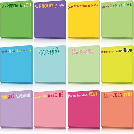 Yinder 12 Pcs Inspirational Sticky Notes Thank You Gift Motivational Sticky Note Pad Employee Appreciation Gift Bulk for Staff Coworker Teacher Nurse Office Groups 3 x 3'' (Appreciation,Minimalist)