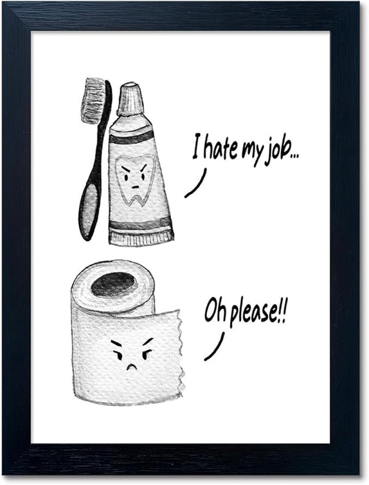 Boswaydeco Kids Bathroom Decor Wall Art Cute Children's Bathroom Wall Decor Small Funny Toliet Paper and Toothbrush Print Black and White Artwork for Guest Rom