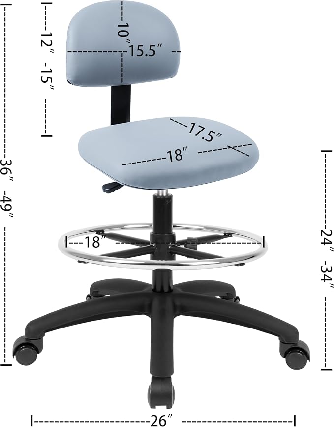 FSS Series Square seat Tall (24"-34") seat Height Chair. Vinyl-for Office, Garage, Desk, Shop, Computer, Doctor, Medical, Easy to Clean! 18" Footring (Gray, Tall, Self Braking Casters)