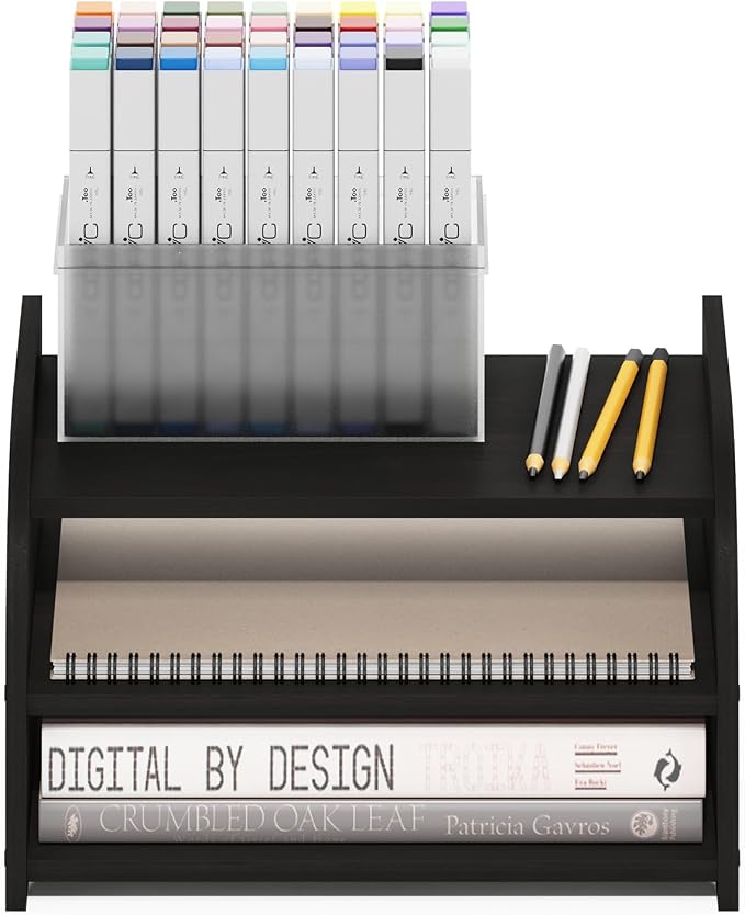 Furinno Classic 3-Tier Monitor Riser, Desk Organizers, Black Espresso | Low Profile Office Organization, Desk Top Book Shelf, for Office Supplies, Office Desk Accessories
