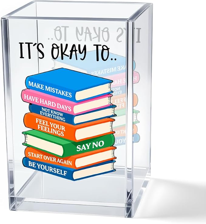 It's Okay To Make Mistakes Acrylic Cosmetic Pencil Pen Holder Cup, Motivational Desk Organizer Accessory for Office School, Inspirational Quote Gifts for Women Book Lover Coworker Sister Teacher