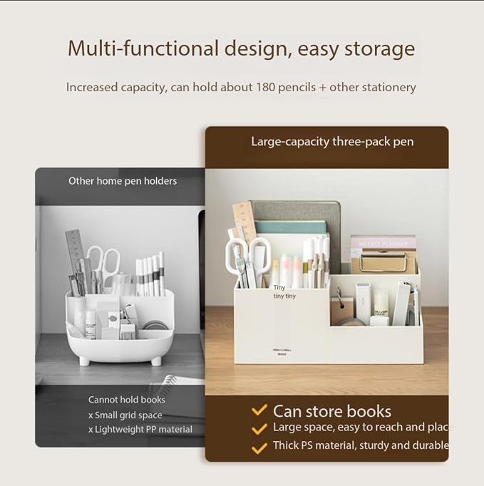 Jekelife Desktop Storage Organizer,3 Compartment Multi-Grid Desk Container,Open Wide Opening Hard Thickened Pen Holder for Office Stationery,Home Small Item, School Supplies Organization White