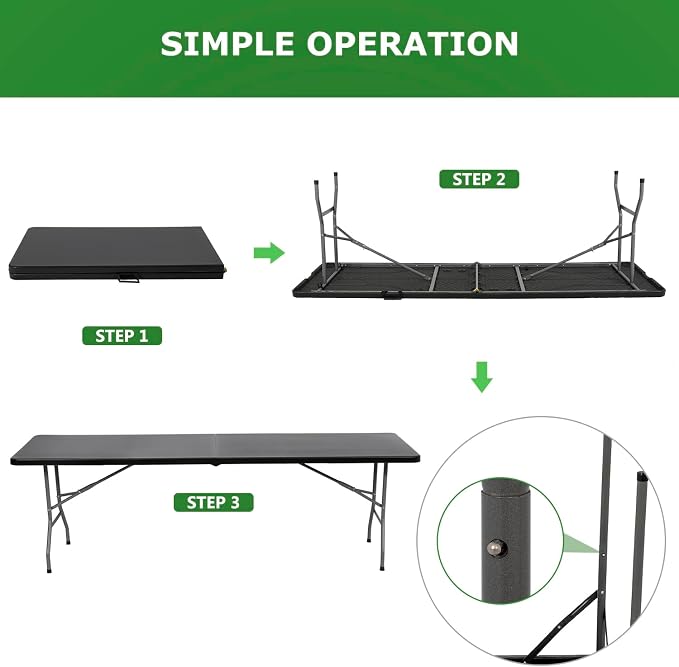BestOffice 8 FT Picnic Table Folding Table Camping Plastic Table Fold Up Table Lock for Party Event, Black