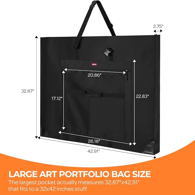 Nicpro Large Size Art Portfolio Case, Artist Portfolio Tote Bag with Leather Corners & Side Widening, Waterproof Storage Portfolio Folder with 3 Pockets for 32'' x 42'' Poster Canvas Sketching Drawing