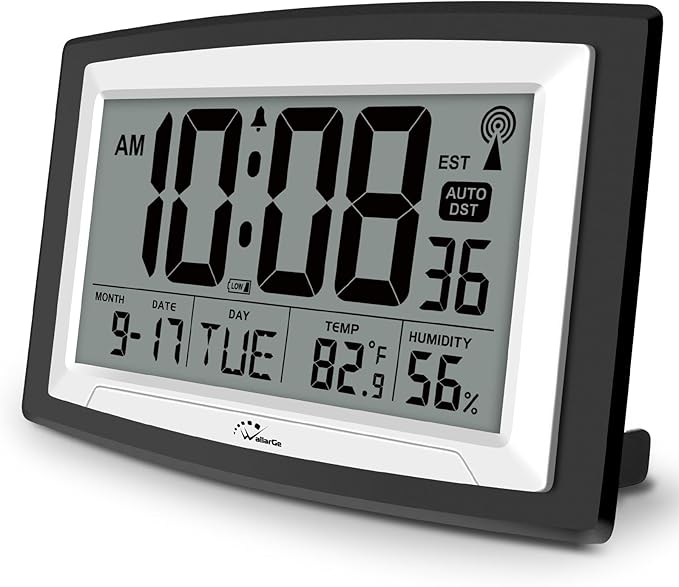 WallarGe 12.5 Inch Atomic Clock with Indoor Temperature and Humidity | Battery Operated Digital Wall or Desk Clock, Auto DST, Large Display for Seniors, Self-Setting, for Classroom, Garage, Office