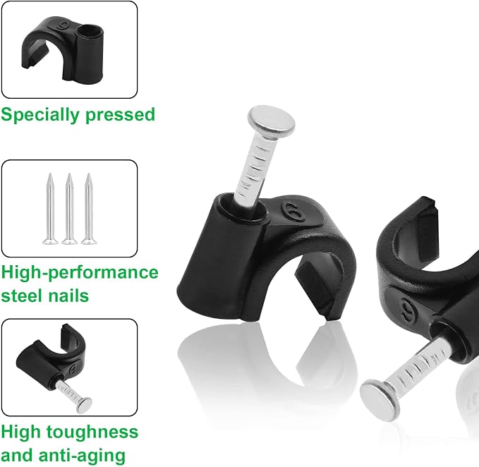 1/4" / 6mm Half Clamp J-Hook Cable Clips with Nail, Black, 100pcs | Nail in Cable Clips, Ethernet Cable Nails Tacks Clips