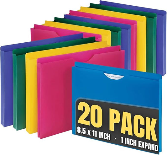 1InTheOffice Poly File Jacket File Folder, Letter 1" Expanding File Jacket, 20-Pack, Assorted