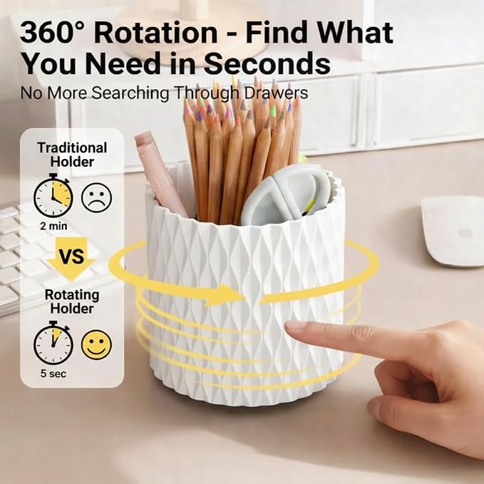 White Pen Holder for Desk, 360° Rotating Pencil Organizer, 5 Slots | Spinning multi-use organizer holds pens, makeup brushes, art supplies & markers — desk caddy for office, classroom or vanity