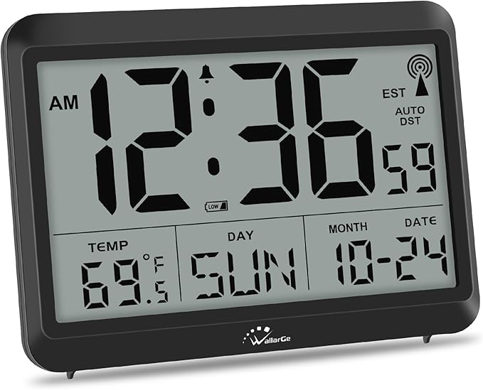WallarGe Self-Setting Atomic Digital Wall Clock with Auto DST | Battery Operated, Large Display with Temperature, Date and Day, 4 Time Zones, Wall Mount/Desktop Clock for Classroom, Office