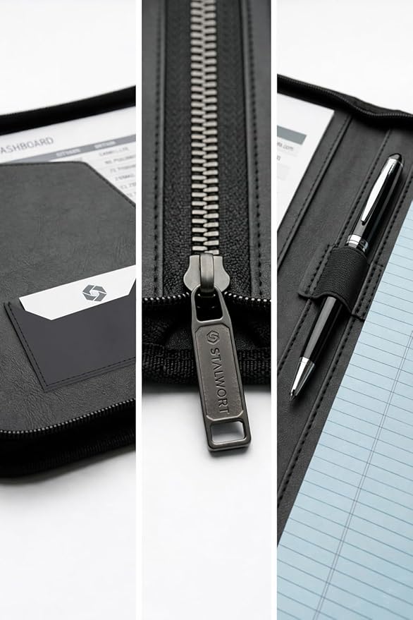 OOWOLF Professional PU Leather Zippered Portfolio with Included Letter Size Notepad, Business Padfolio & Document Organizer for Men & Women, Sleek Resume Folder for Interviews & Office, Black