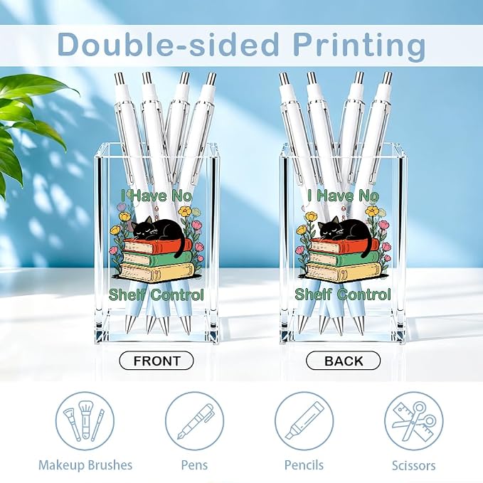 I Have No Shelf Control Acrylic Cosmetic Pencil Pen Holder, Funny Black Cat Book Pencil Holder, Cute Office Desk Accessories for Book Lover, Bookworm Gifts for Librarian Reading Teacher Friend