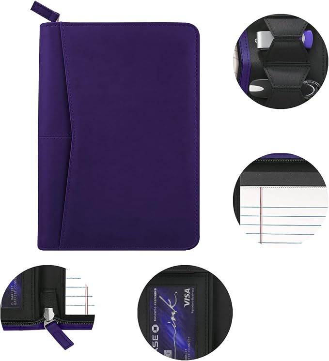 Small Portfolio Organizer, A5 Zippered Business Portfolio, Junior Padfolio Folder Binder for Women & Men, 5 x 8 Writing Pad Included, Dark Purple