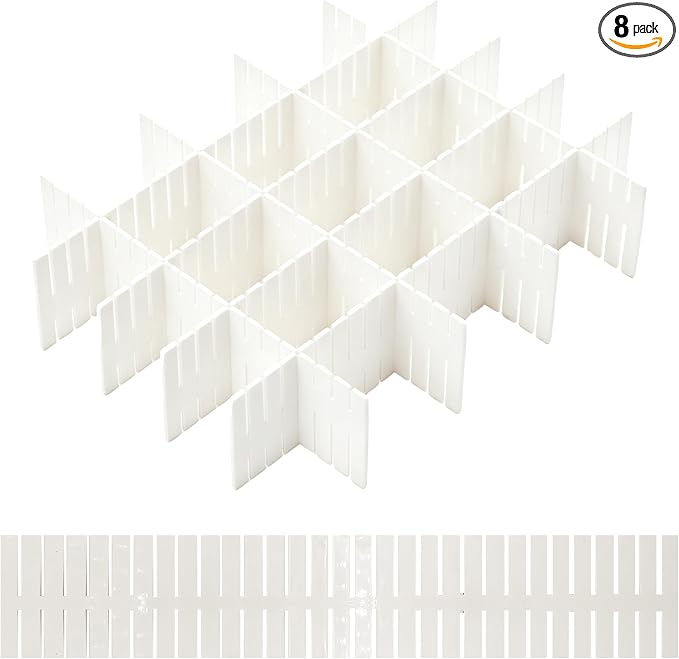 8PCS Adjustable Drawer Dividers Plastic Organizer Separator for Socks Underwear Lingerie Clothes Kitchen Bedroom Bathroom Office (White)