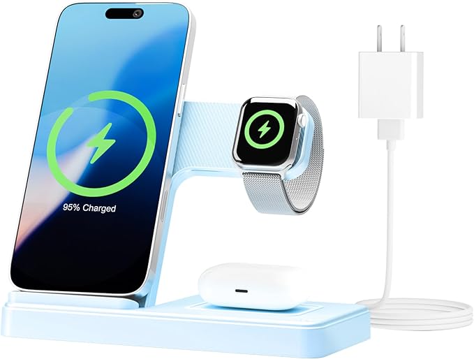 Wireless Charging Station for Apple Devices: 3 in 1 Foldable Qi Compact Case-Friendly Charger Stand for iPhone 17-12 & Apple Watch & AirPods Charging Dock for Travel Home Office Desk Nightstand (Blue)