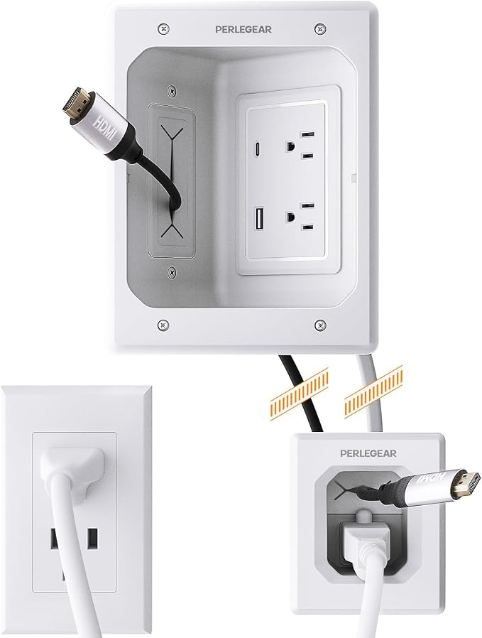 Perlegear in Wall Cable Management Kit, USB & Type C PortsTV Cord Hider & Cable Hider, Wire Hider with Recessed Power, Includes Drill Template, Dust Bag, Drywall Saw, Extension Cable
