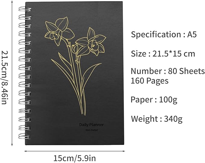Vebermo 2026 Daily Planner Notebook, Spiral Journals with Pen Set, A5 Hardcover Academic Hourly Schedules Appointment Planner for Office Home School, Black