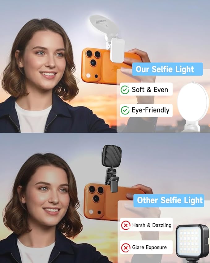 Selfie Ring Light for iPhone, Laptop & Camera, 3 Color Modes Clip-on LED Phone Light, Portable Rechargeable 360° Rotation Video Light for TikTok, Vlog, Zoom Meeting, Makeup, Influencers, Creators