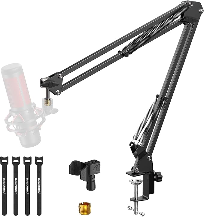 Microphone Arm Stand,Heavy Duty Adjustable Suspension Boom Scissor Microphone Stand with Clamp Clip & 3/8" to 5/8" Adapter and Cable Ties for Podcast, Streaming, Gaming, Recording