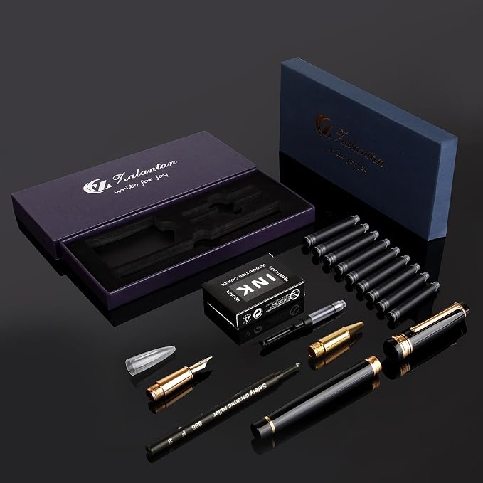 Fountain Pen & Rollerball Pen Set, 2-in-1 Luxury Writing Pen with F Iridium Fountain Pen Nib & 0.5mm Schmidt Rollerball Nib, Refillable Ink Cartridge & Converter, Brass Body with 24K Gold Accents